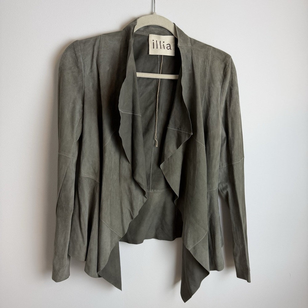 ILLIA Olive Green 100% Suede Leather Open Front Draped Jacket Sz 2